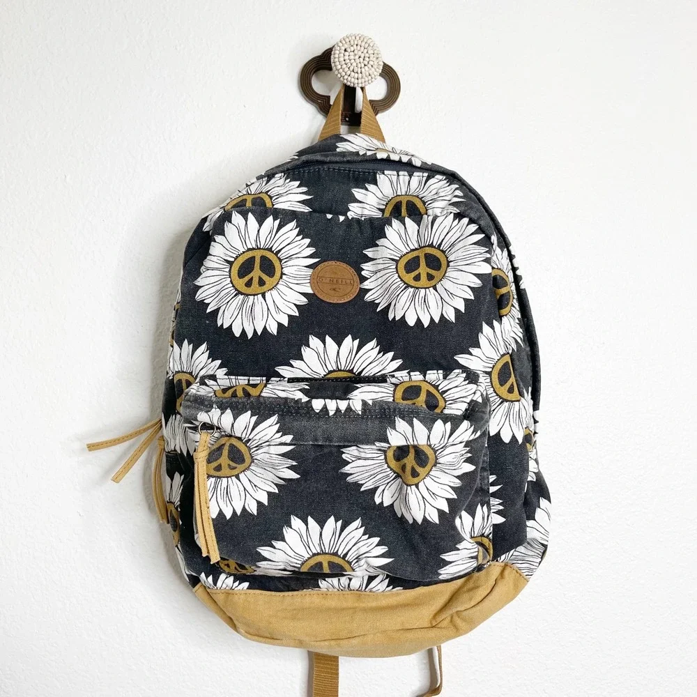 O'Neill Sunflower Peace Sign Canvas Backpack Black Tan Boho Surf Daypack